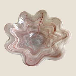 San Miguel Vidrios Swirled Art Glass Bowl White Brown Recycled Glass Ruffle